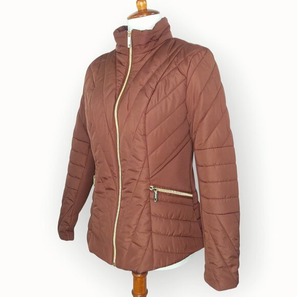 Kenneth Cole Quilted Puffer Jacket Size Medium Pecan Gold Zipper Retro NWT - Picture 7 of 11